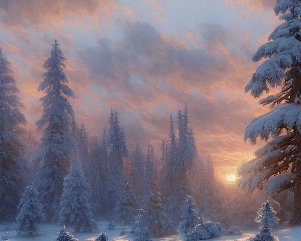 Winter scene: snow-covered pine trees at sunset with orange clouds.