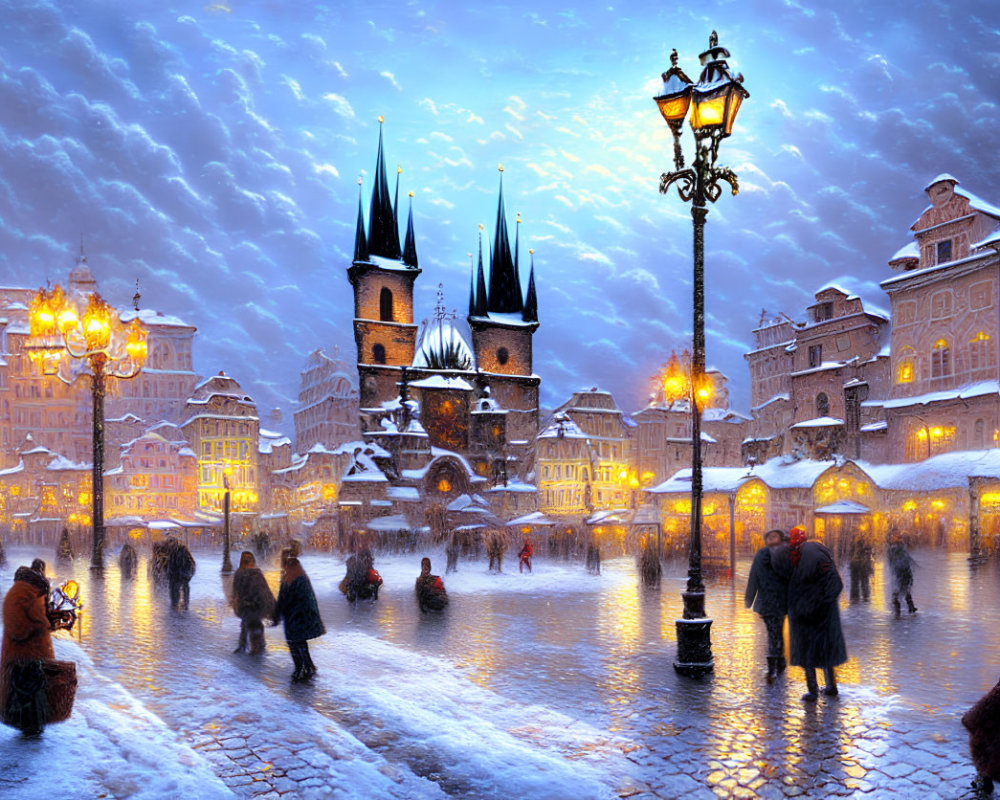 Snowy evening in town square with people walking under street lamps and Gothic spires.