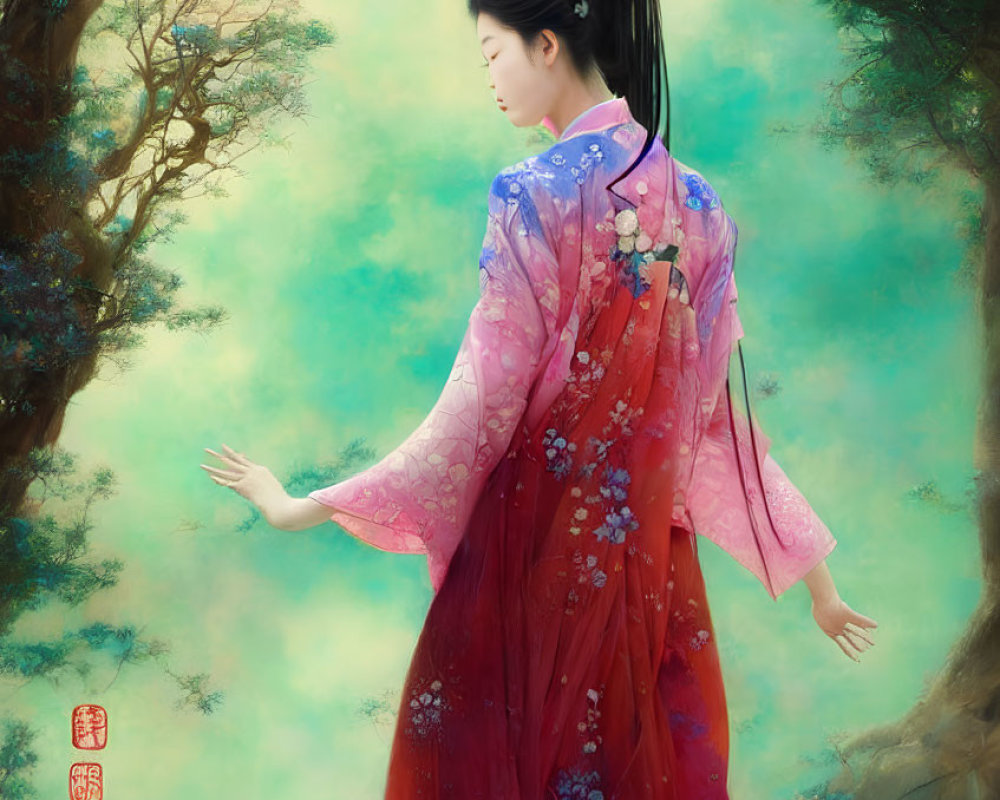 Woman in Red and Pink Traditional Dress Walking in Misty Forest