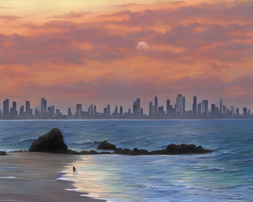 City skyline at sunset with water reflections and beach foreground