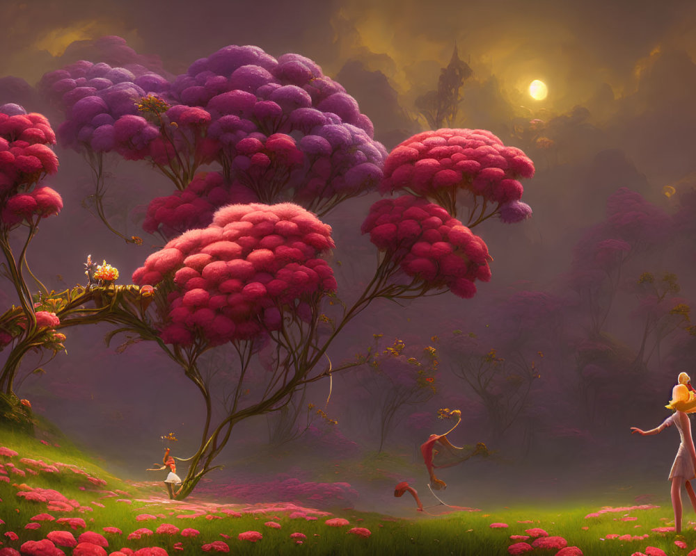 Vibrant pink and purple trees in whimsical landscape