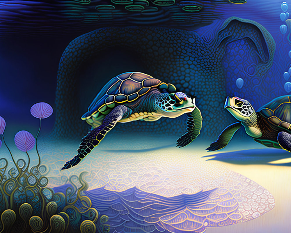 Colorful Underwater Scene with Stylized Turtles and Sea Plants