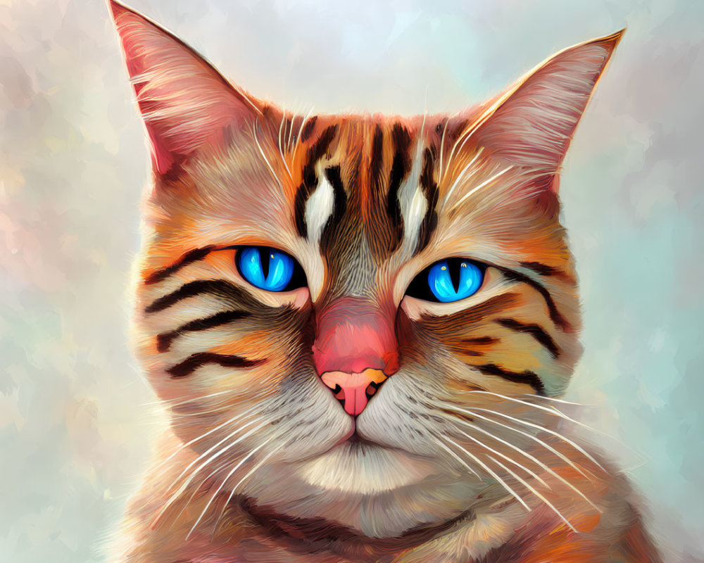 Detailed digital painting of an orange tabby cat with blue eyes on pastel background