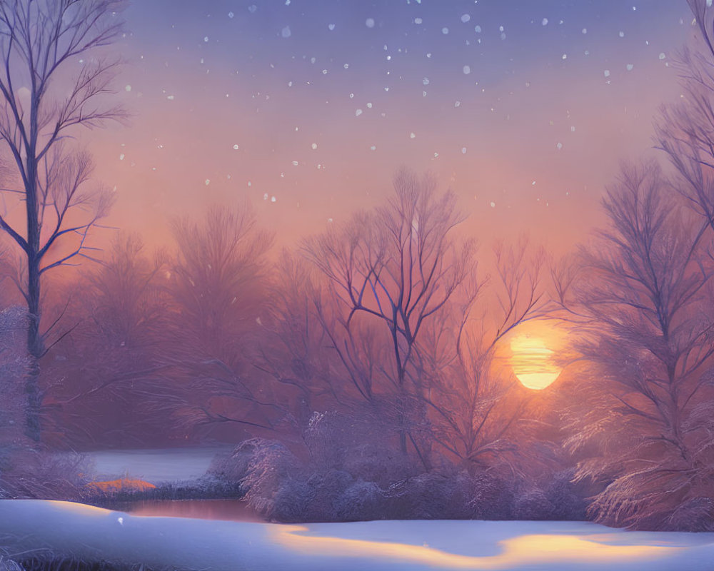 Tranquil winter landscape: radiant sunset, snow-covered trees, gentle stream