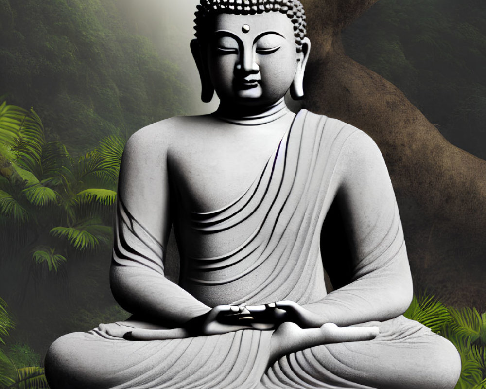 Buddha statue meditating in forest with green foliage