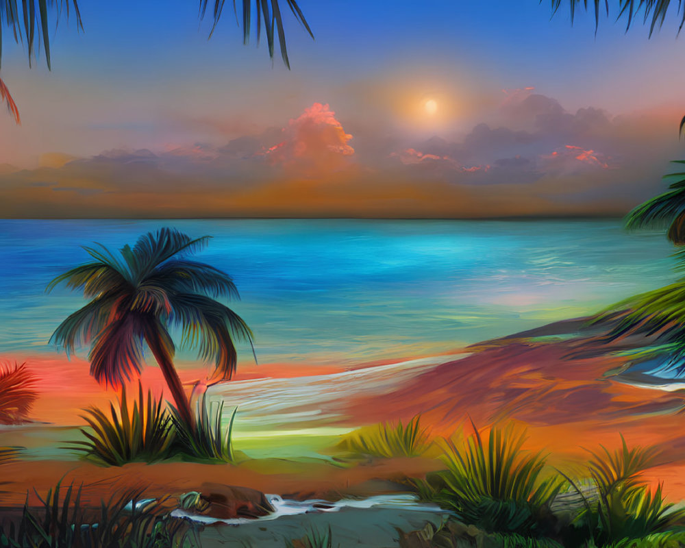 Tropical beach sunset with palm trees and colorful sky