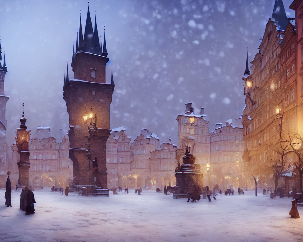 Snowy twilight scene in old town square with people walking and glowing street lamps.