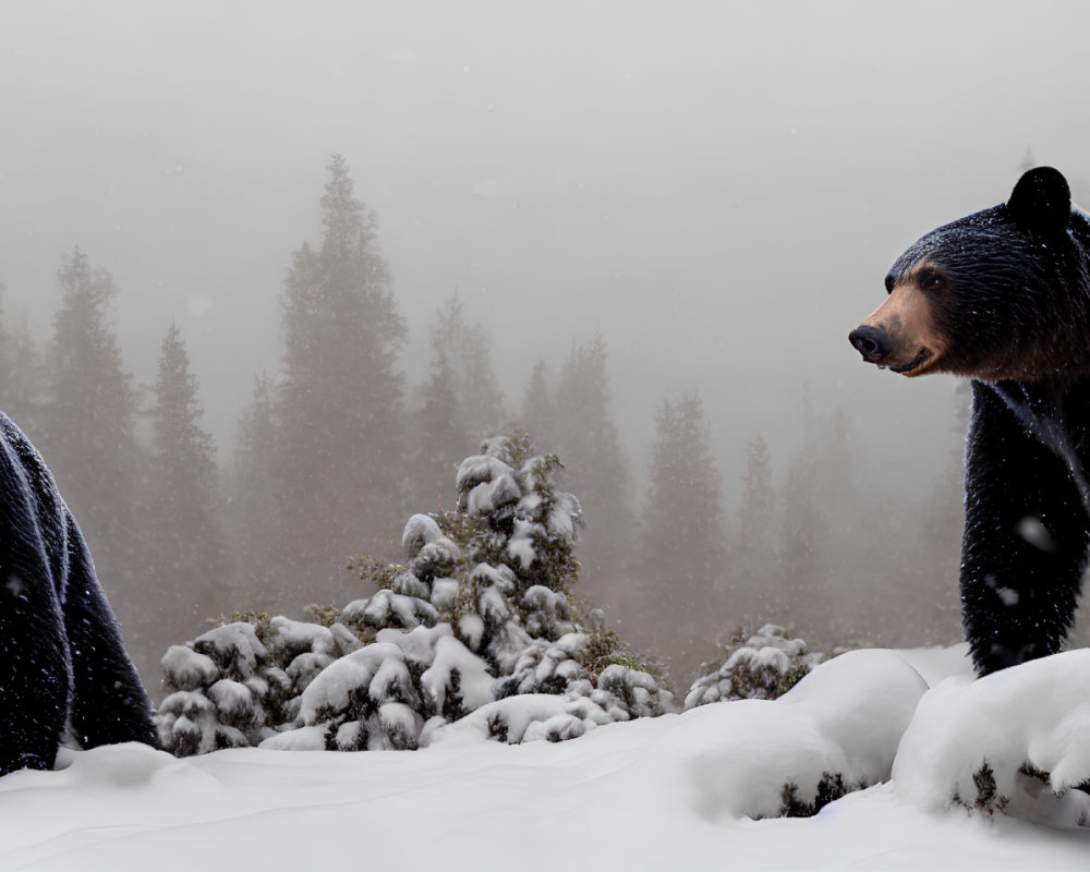 Snowy forest scene with two bears and falling snowflakes