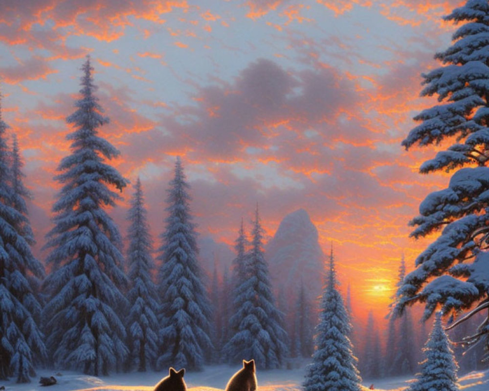 Sunset Snow-covered Pine Trees with Wolves in Orange Sky