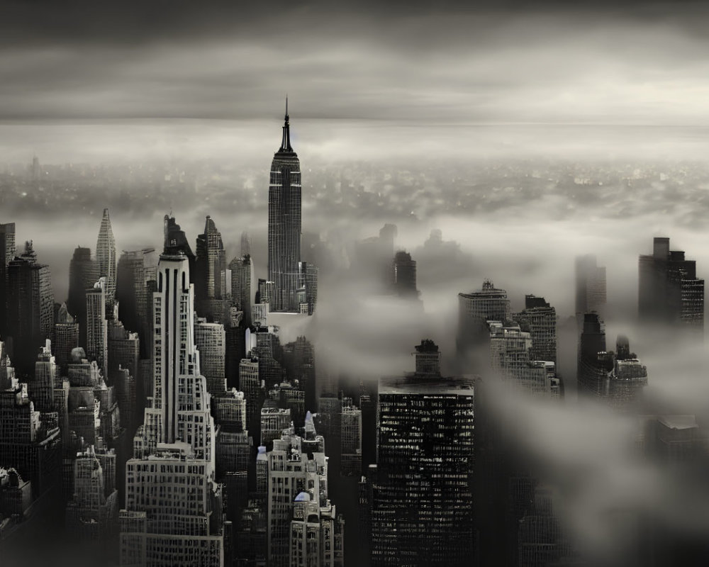 Monochrome cityscape with misty skyscrapers