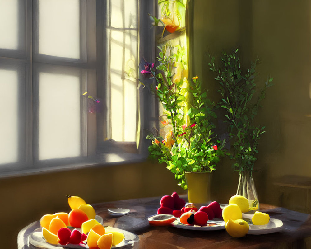 Sunlit Room with Wooden Table and Fresh Fruits