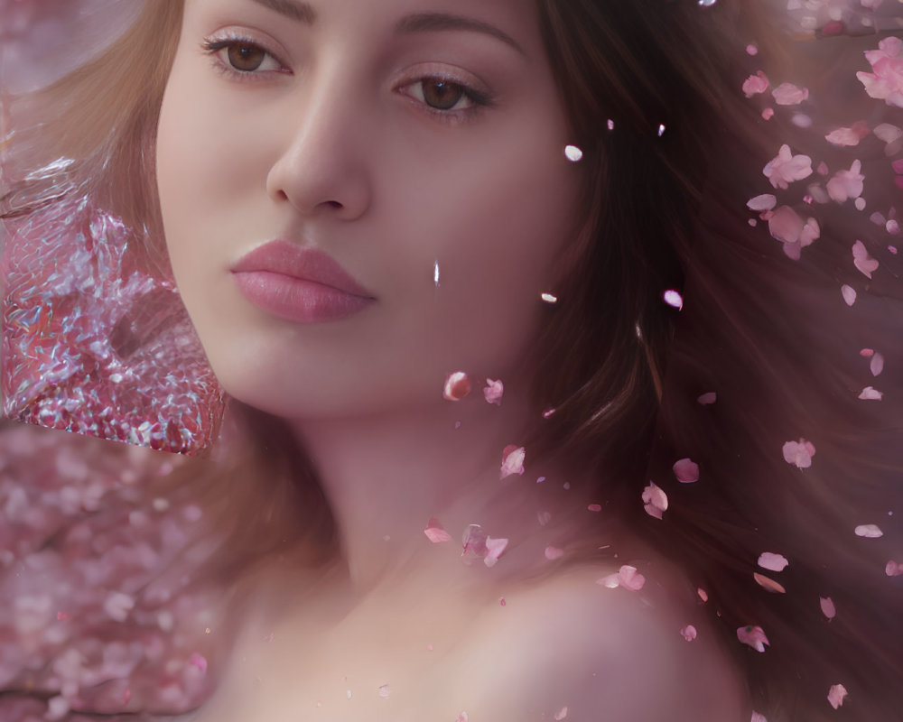 Serene woman with cherry blossoms in springtime