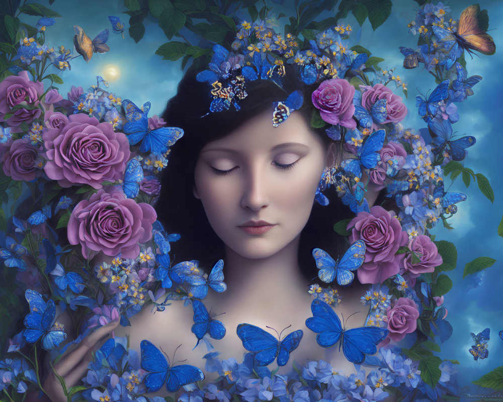 Serene woman with purple roses, blue butterflies, and moonlit sky