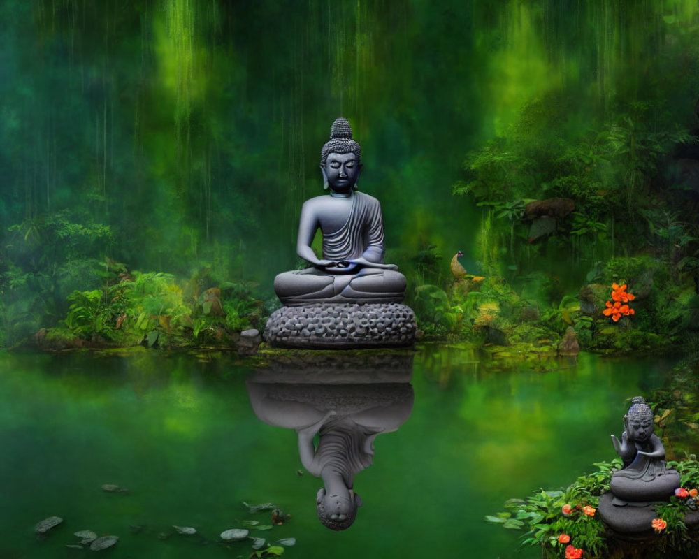 Tranquil Buddha Statue Meditating in Forest Scene