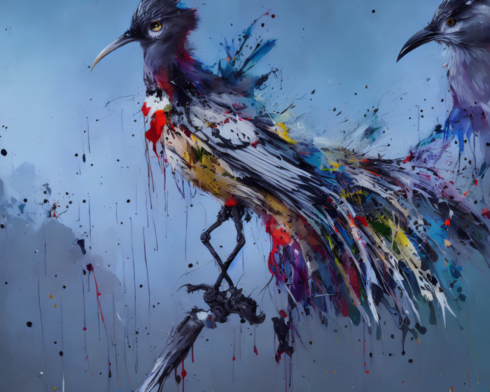 Abstract digital artwork featuring stylized birds in paint splatters and strokes on a cool-toned backdrop