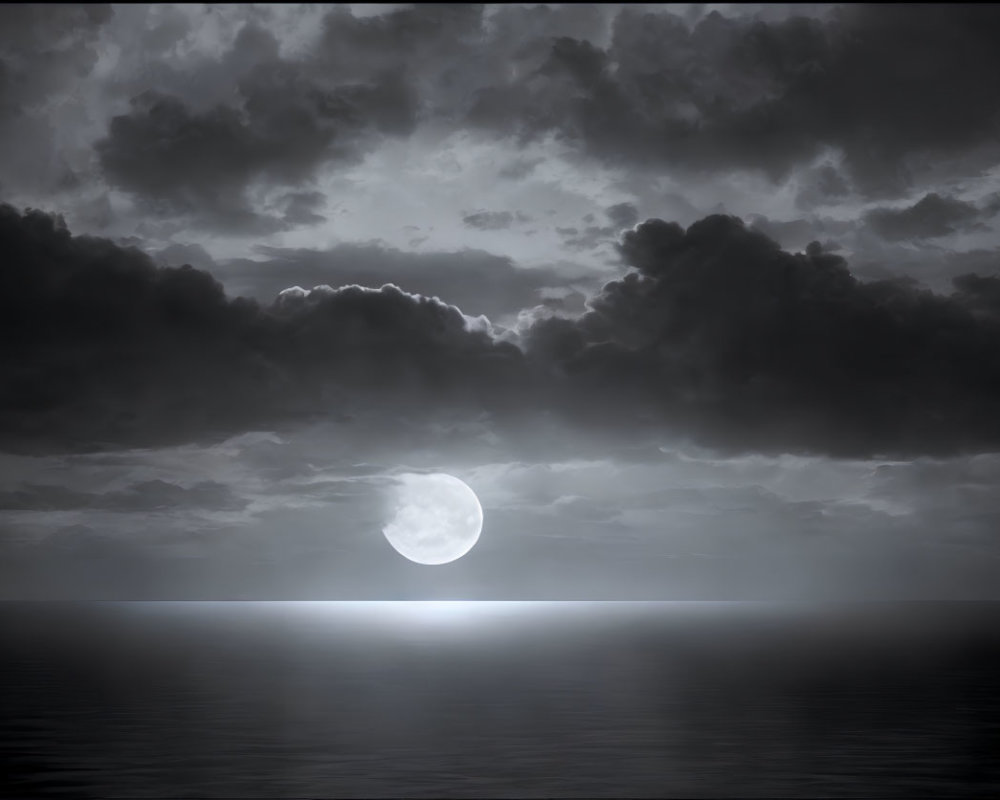 Full Moon Reflects on Tranquil Sea Amid Ominous Clouds