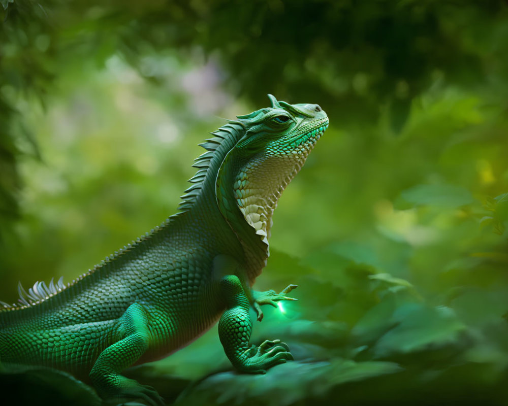 Green iguana perched among lush foliage with spiny crest highlighted in soft natural light