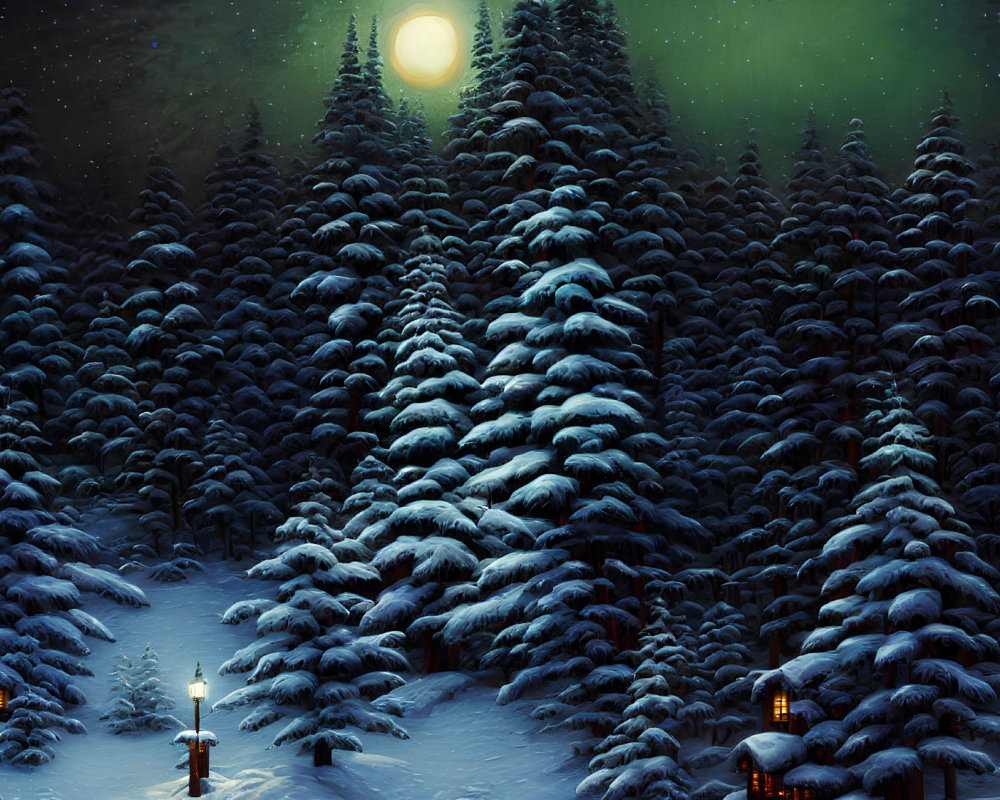 Snow-covered pine trees under moonlit sky with northern lights and lanterns