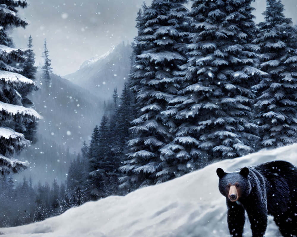 Snowy scene with bear, pine trees, and mountains under overcast sky