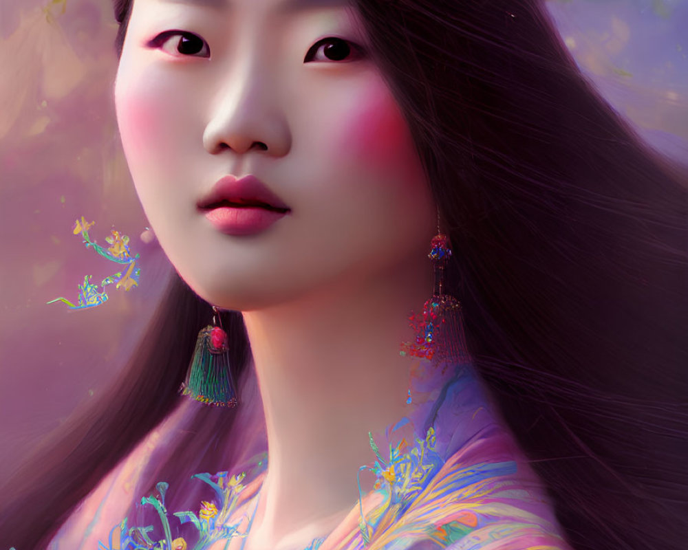 Asian woman with long black hair and ornate earrings in floral dream setting