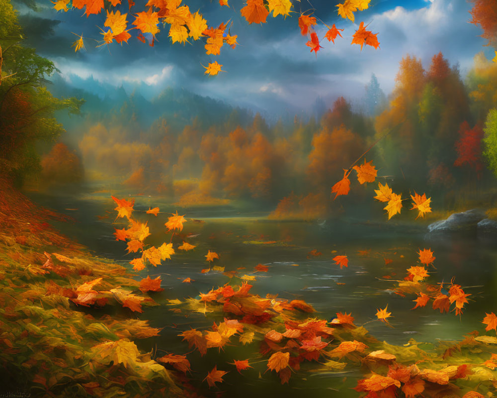 Tranquil River Scene with Golden Autumn Leaves