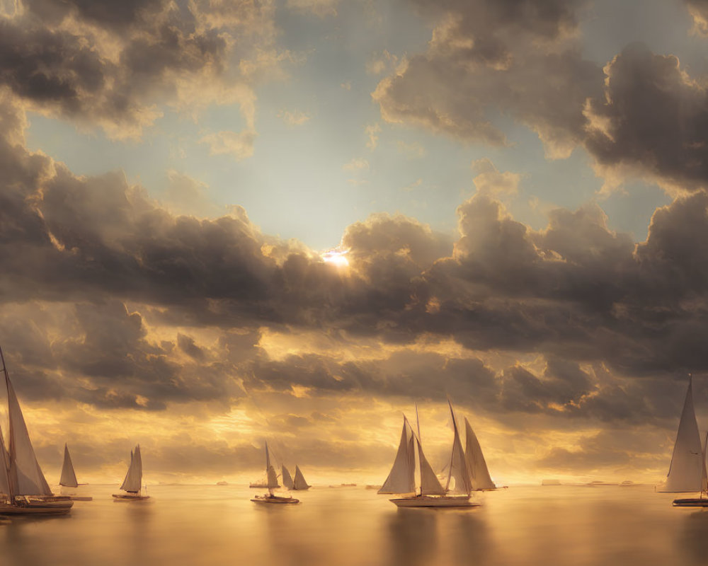 Tranquil sunset scene with sailboats on water