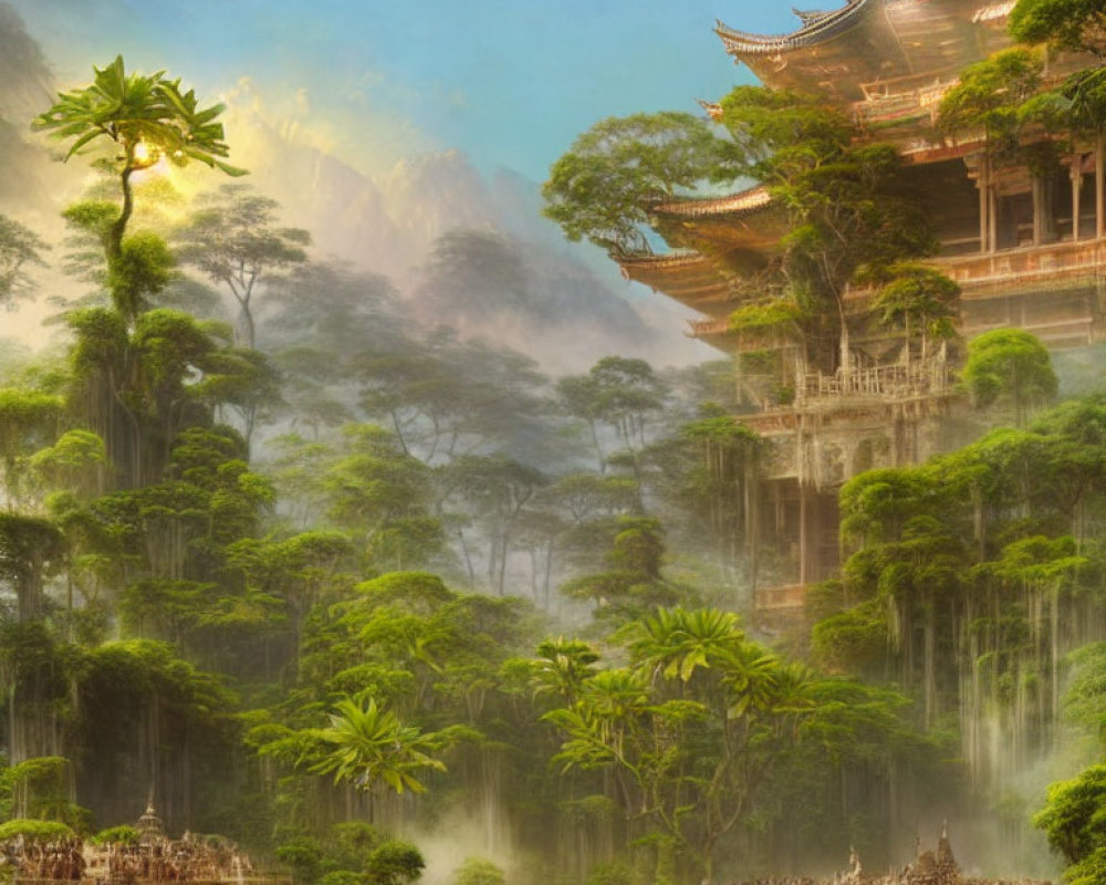 Mythical landscape with ancient temple, misty mountains, and tranquil lake