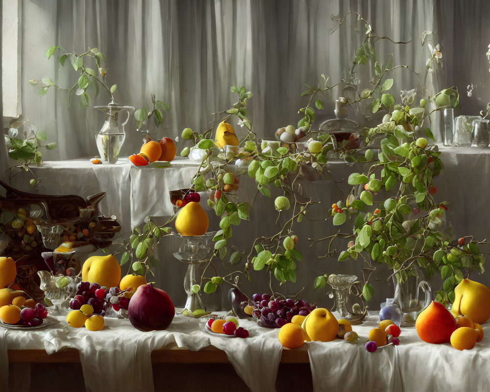 Classical still-life painting with fruit, draped fabrics, and glassware