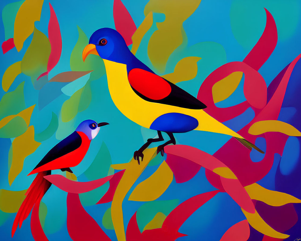 Vibrant stylized painting of two birds with colorful plumage perched in abstract foliage