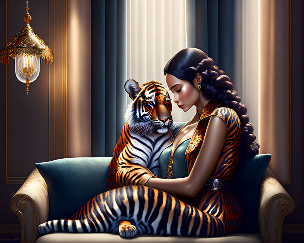 Illustrated woman with braided hair sitting on sofa with tiger, chandelier, draped curtains