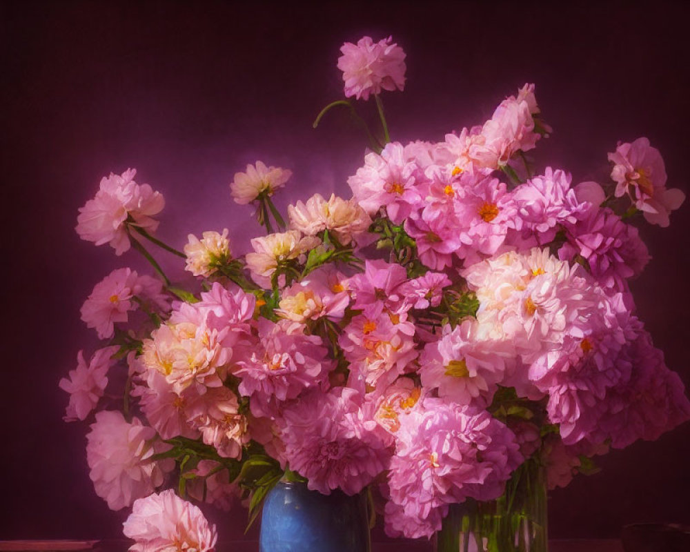 Lush Pink Flowers in Blue Vase Against Dark Pink Background