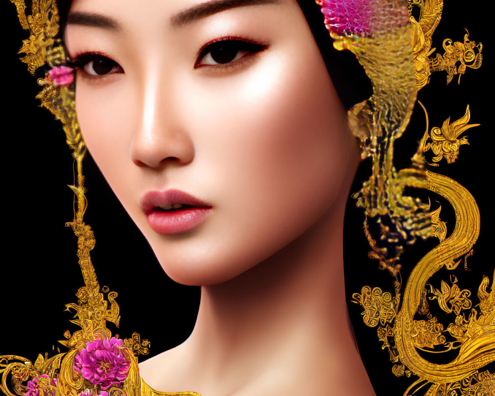 Detailed Gold Headpiece and Pink Flowers on Woman in Artistic Portrait