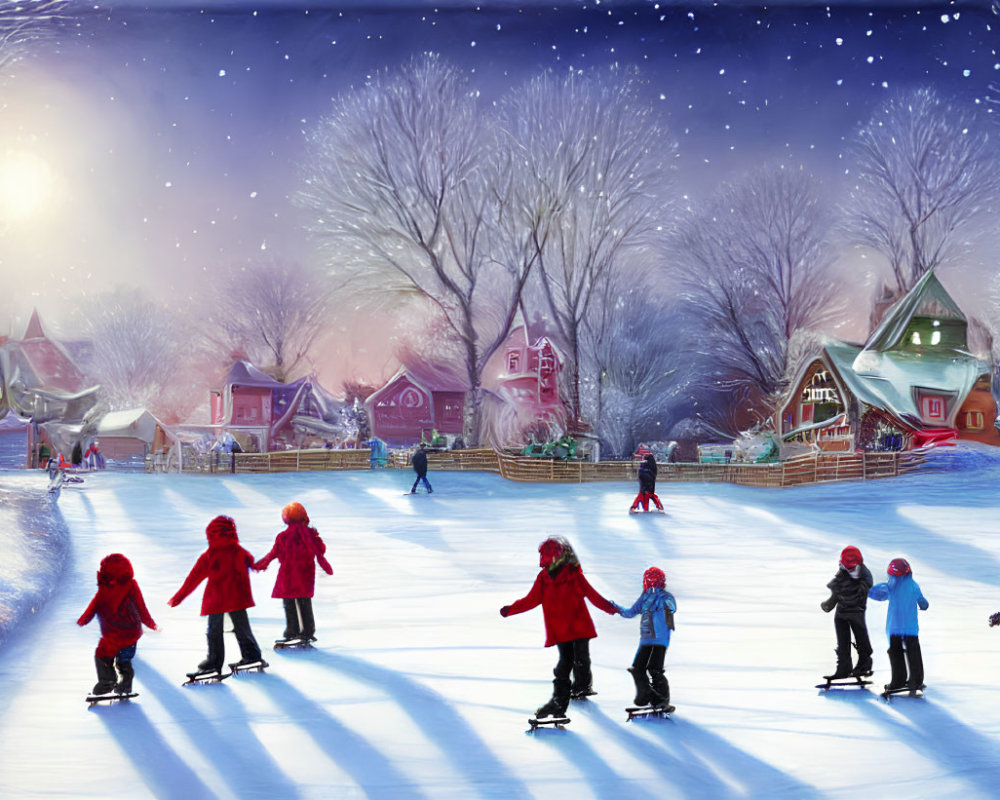 Winter village scene: people ice skating on frozen path amidst colorful houses and snow-covered trees at twilight