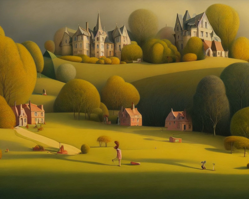 Rolling hills, vibrant trees, château, quaint houses, and leisurely figures in a