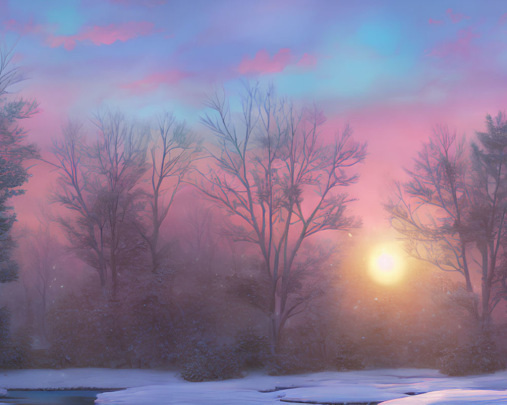 Winter Sunset: Serene Landscape with Bare Trees and Snowy River