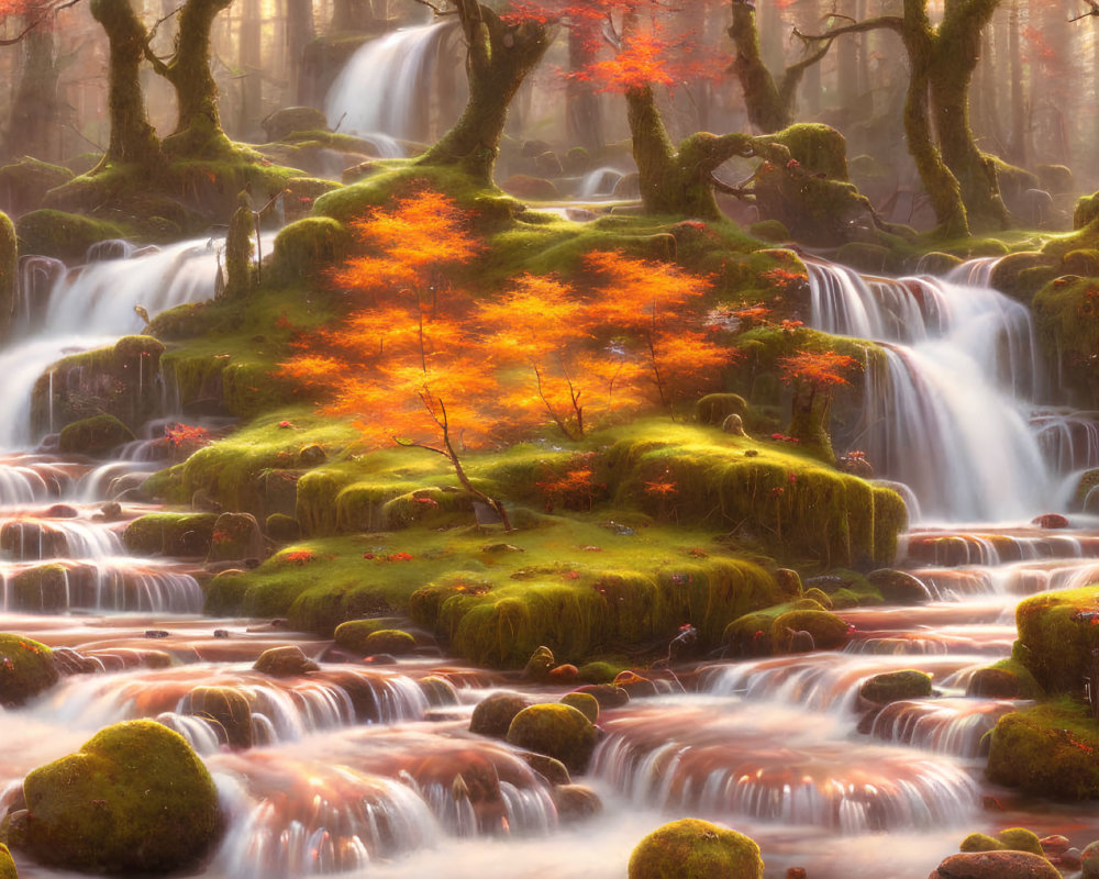 Tranquil autumn landscape with waterfalls, moss-covered stones, and vibrant orange foliage