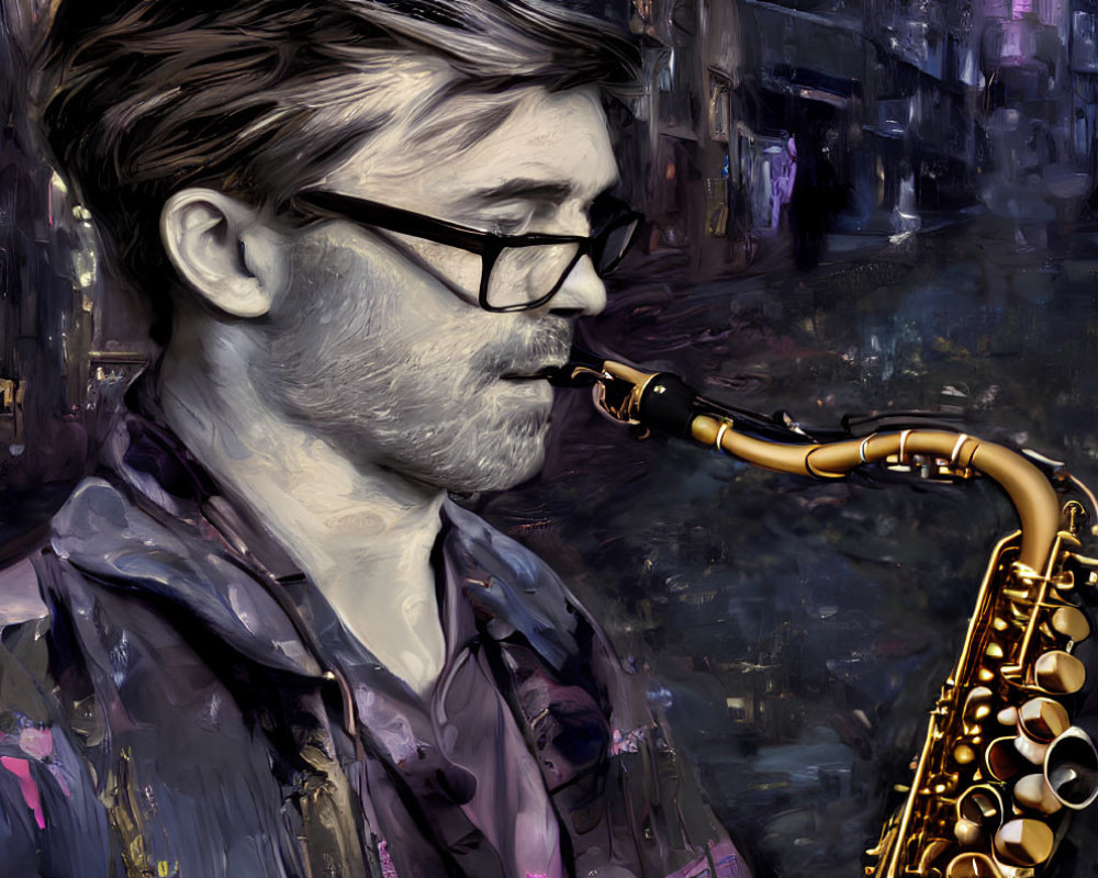 Man with Glasses Playing Saxophone Against Colorful Cityscape Background