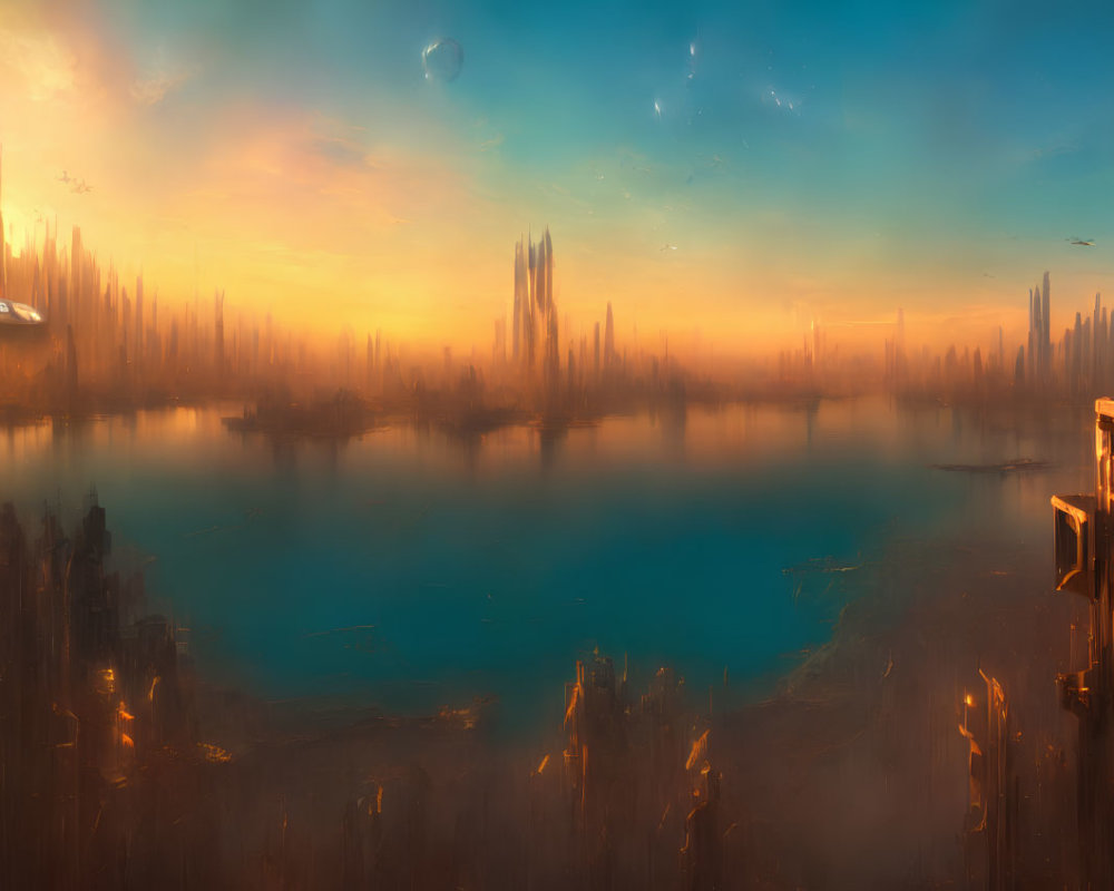 Futuristic cityscape at sunset with tall spires and hovering vehicles