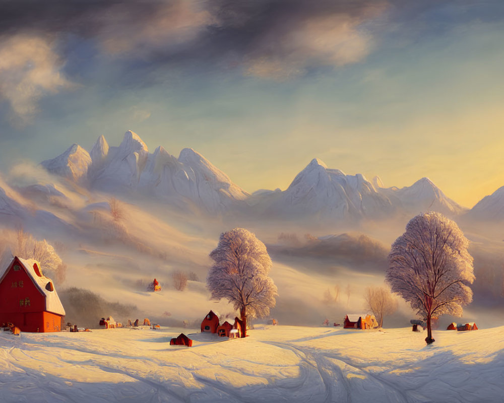 Winter sunset over red-roofed cottage, bare trees, and snow-capped mountains