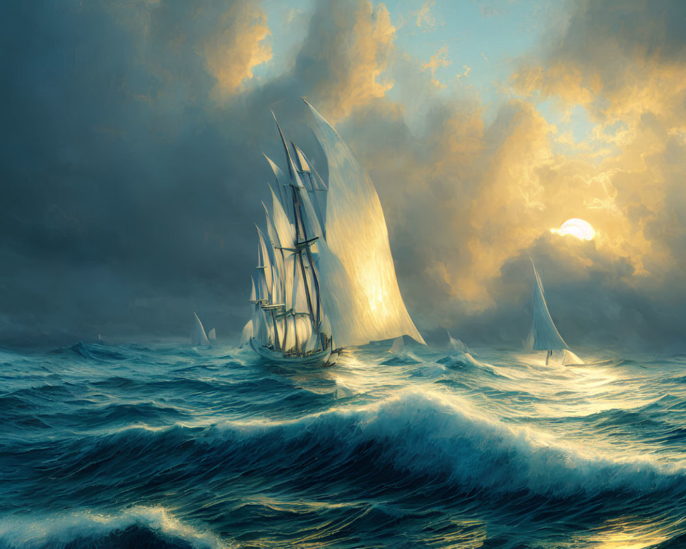 Sailing ships on tumultuous sea waves under dramatic sky