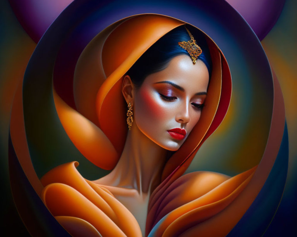 Stylized portrait of a woman with orange and blue drapery, striking makeup, and elegant