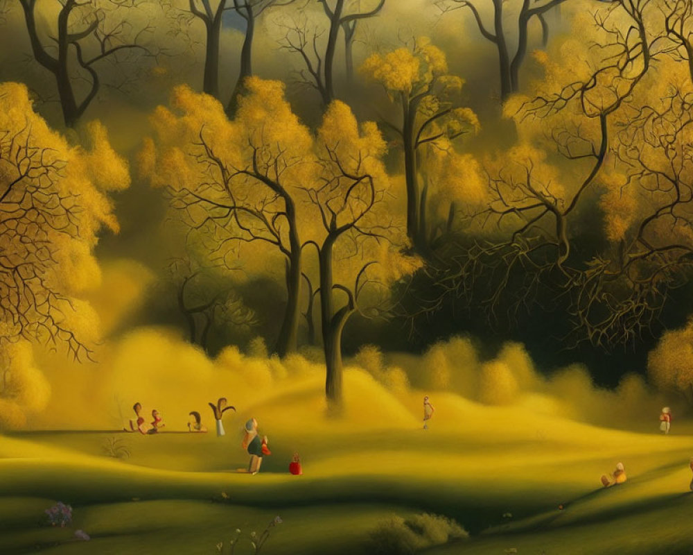 Golden-yellow foliage forest scene with small figures exploring under hazy light