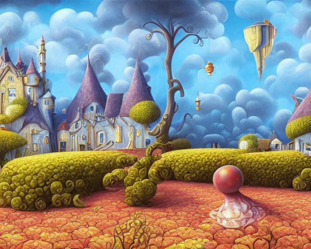 Whimsical fairytale castle landscape with bizarre trees and floating islands