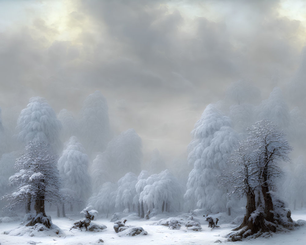 Snow-covered wintry landscape with dense trees and distant figures