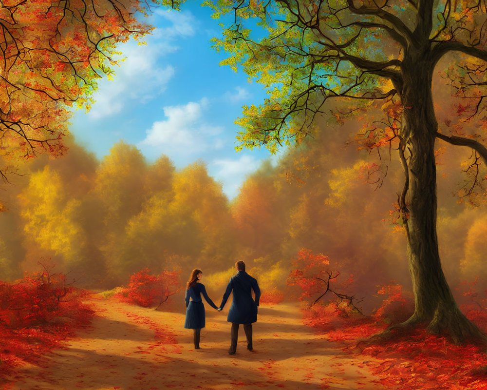 Romantic couple walking among vibrant autumn trees