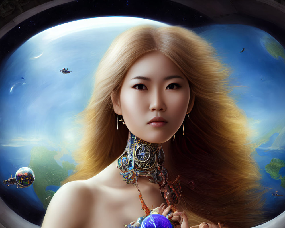 Digital artwork: Woman with golden hair and jewelry in space backdrop