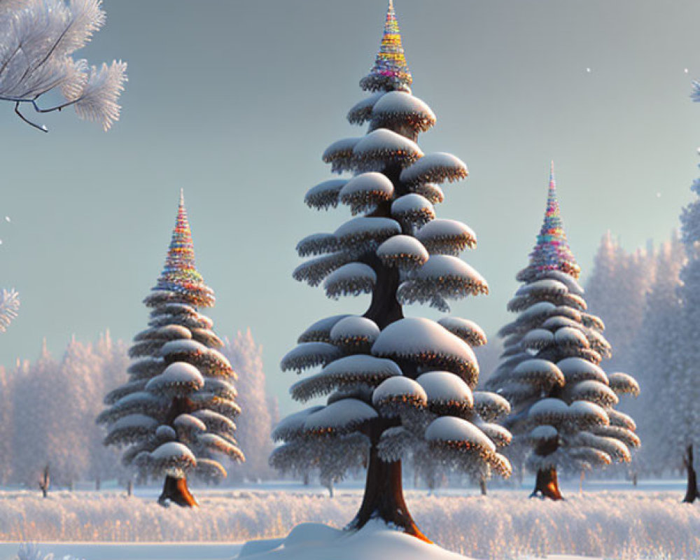 Winter landscape with snow-covered fir trees and magical glowing atmosphere