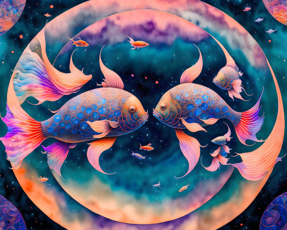 Ornate fish illustration in cosmic setting with celestial elements