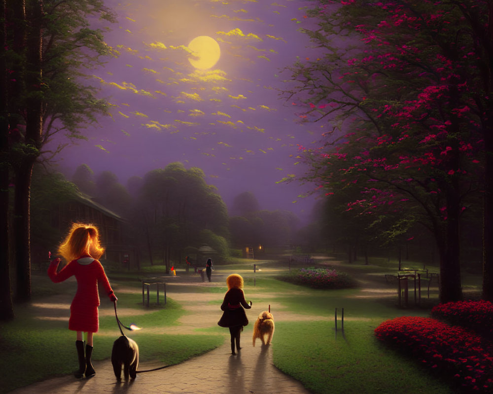 Woman, child, and dogs stroll in a park at dusk under full moon and pink trees