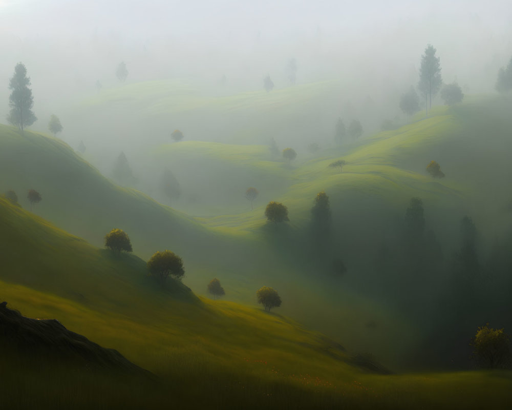 Serene misty landscape with lush green hills and gentle fog